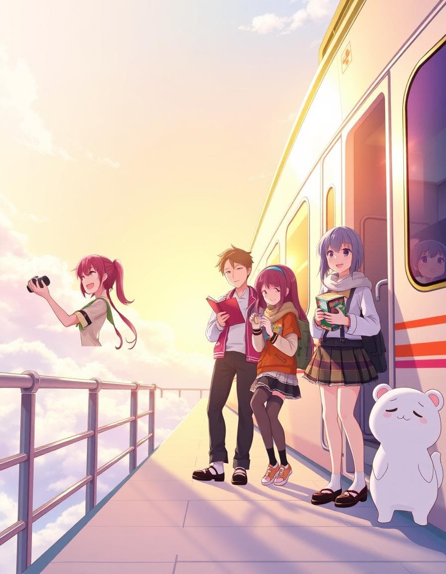 Anime-style vertical phone wallpaper of the Astral Express crew from Honkai: Star Rail enjoying a peaceful, joyful moment together. The scene is set on a bright sky platform beside the Astral Express, surrounded by soft clouds and warm sunlight reflecting off the train’s silver surface. March 7th is happily taking photos with her camera, Dan Heng is quietly reading, Stelle (the Trailblazer) is laughing with Himeko as they share coffee, and Welt looks on with a gentle, content smile. Pom-Pom stands nearby offering snacks, adding a cute and cozy atmosphere. The composition emphasizes warmth, friendship, and lighthearted adventure. The art style is vibrant, detailed, and cinematic — soft lighting, vivid colors, and an uplifting anime aesthetic perfect for a serene phone wallpaper.