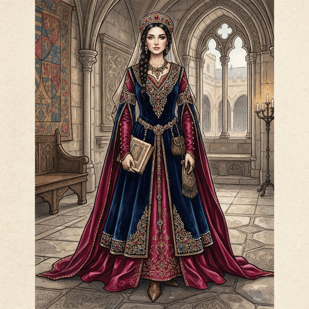 medieval fashion, velvet surcoat, jeweled circlet, trailing sleeves, deep jewel tones, styled with statement accessories, fashion illustration, full body