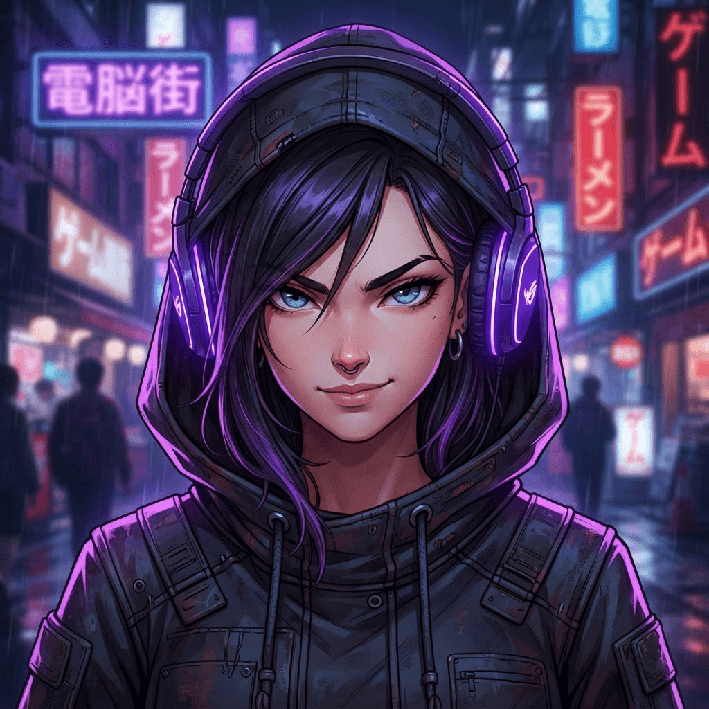 cool anime style close-up avatar portrait, hooded character with glowing purple headphones, neon violet rim lighting, moody night street, cool pfp