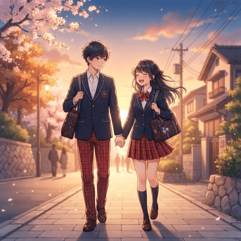 high school anime boy and girl in matching school uniforms walking home at sunset, soft blush, slice of life romance anime style, clean soft gradient studio background, vibrant, crisp high detail, digital illustration, no text, no words