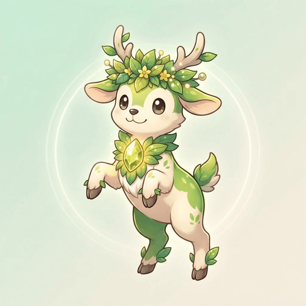 original grass type pocket monster, small deer with a leafy crown and a glowing seed on its chest, gentle eyes, green and gold, official anime monster art style, clean soft gradient studio background, vibrant, crisp high detail, digital illustration