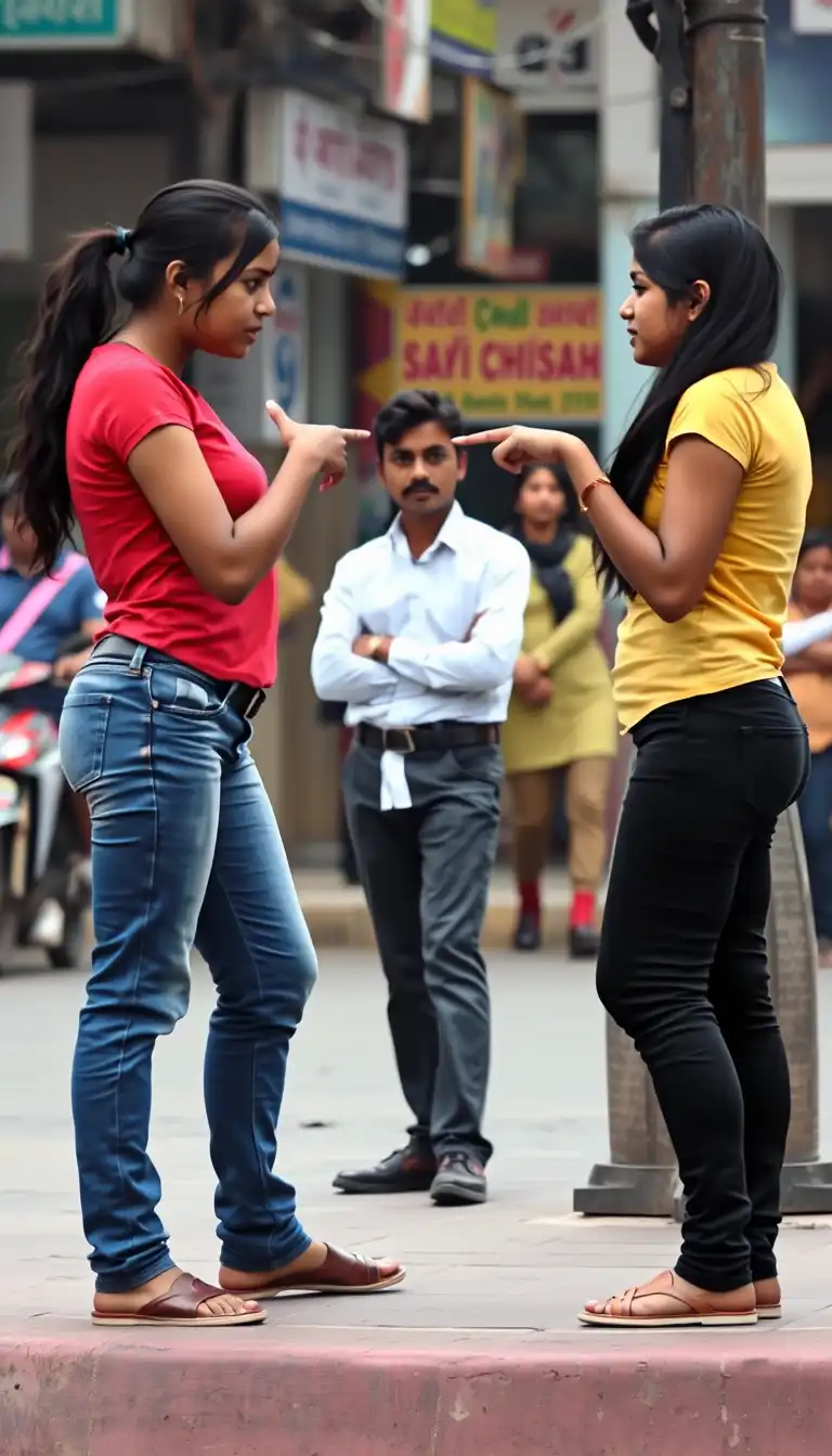 Two Indian girls on a street corner arguing. Girl1 in red top and blue jeans, Girl2 in yellow top and black jeans. Both pointing at each other angrily. Boy in white shirt and black pants looks confused between them. Background: Indian street with shops and pedestrians.