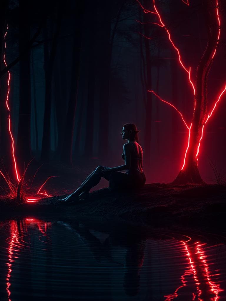 In this reimagined image, an elven woman sits alone by a forest pond, evoking a tense and suspenseful atmosphere. The scene captures a fusion of futurist dynamics with the aesthetics of unease. Dim lighting pervades, interrupted by sudden bursts of vibrant colors, like neon hues reflecting off the metallic, fragmented forms around her. Shadows within the forest cast an ominous presence, while the outlines of her figure and environment suggest rapid motion, conveying a sense of urgency and imminent action. The reflections in the pond are streaked with sharp contrasts of red and black, creating an ominous tension. The pond ripples subtly, as if each wave holds a secret or warning, and the surrounding trees seem to twist and shift, hinting at an unseen threat lurking nearby. In this charged atmosphere, the stillness is both mesmerizing and unsettling, echoing with the distant, faint sounds of the future—a faint hum of technology, the soft rustle of leaves, and the gentle yet persistent drip echoing through the trees. The image captures a vivid, electrifying tension, wrapped in vibrant, accelerating energy and unfurling suspense.