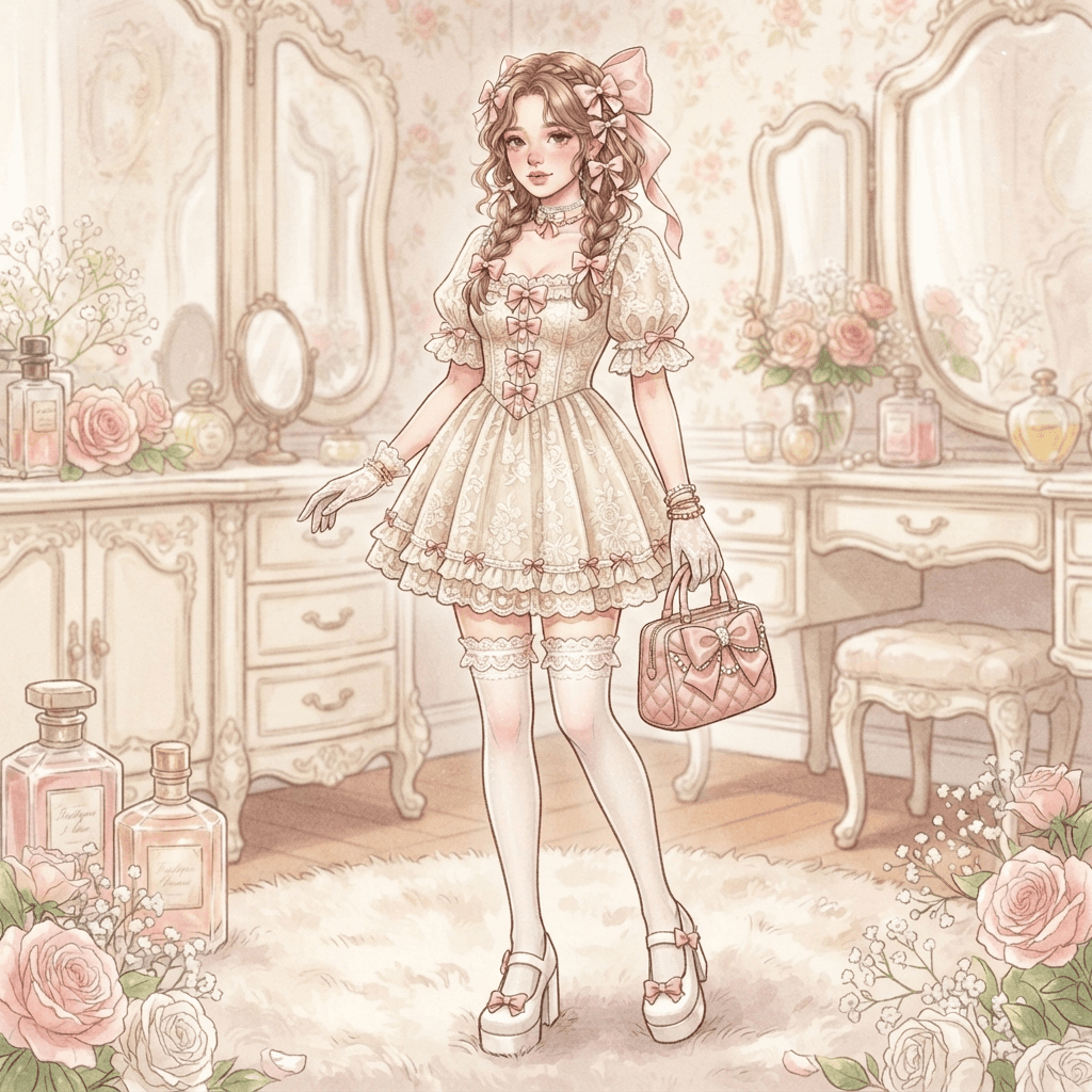 coquette fashion, soft pink ribbons and bows, lace trim, delicate feminine styling, styled with statement accessories, fashion illustration, full body