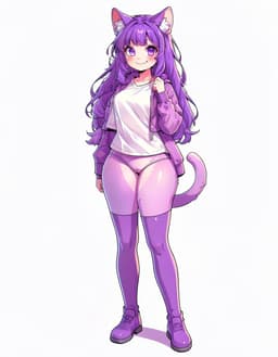 Redraw the VTuber portrait as a full‑body, head‑to‑feet illustration, showing the female character in the same violet hair, purple outfit and vivid colours, standing in a relaxed, neutral pose while preserving all recognizable facial features and styling.