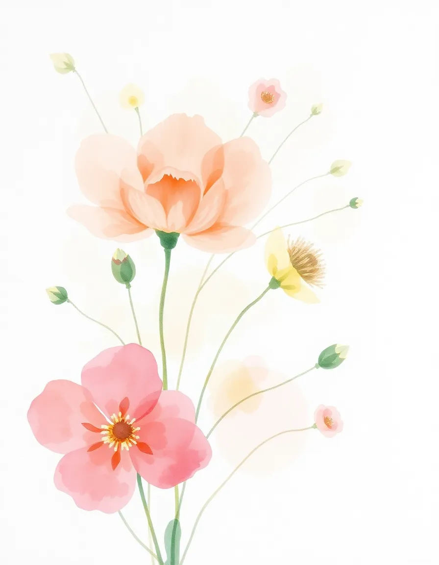 Abstract Watercolor Floral: A delicate abstract watercolor painting of floral elements with soft washes of color and flowing lines.  Artistic and botanical.