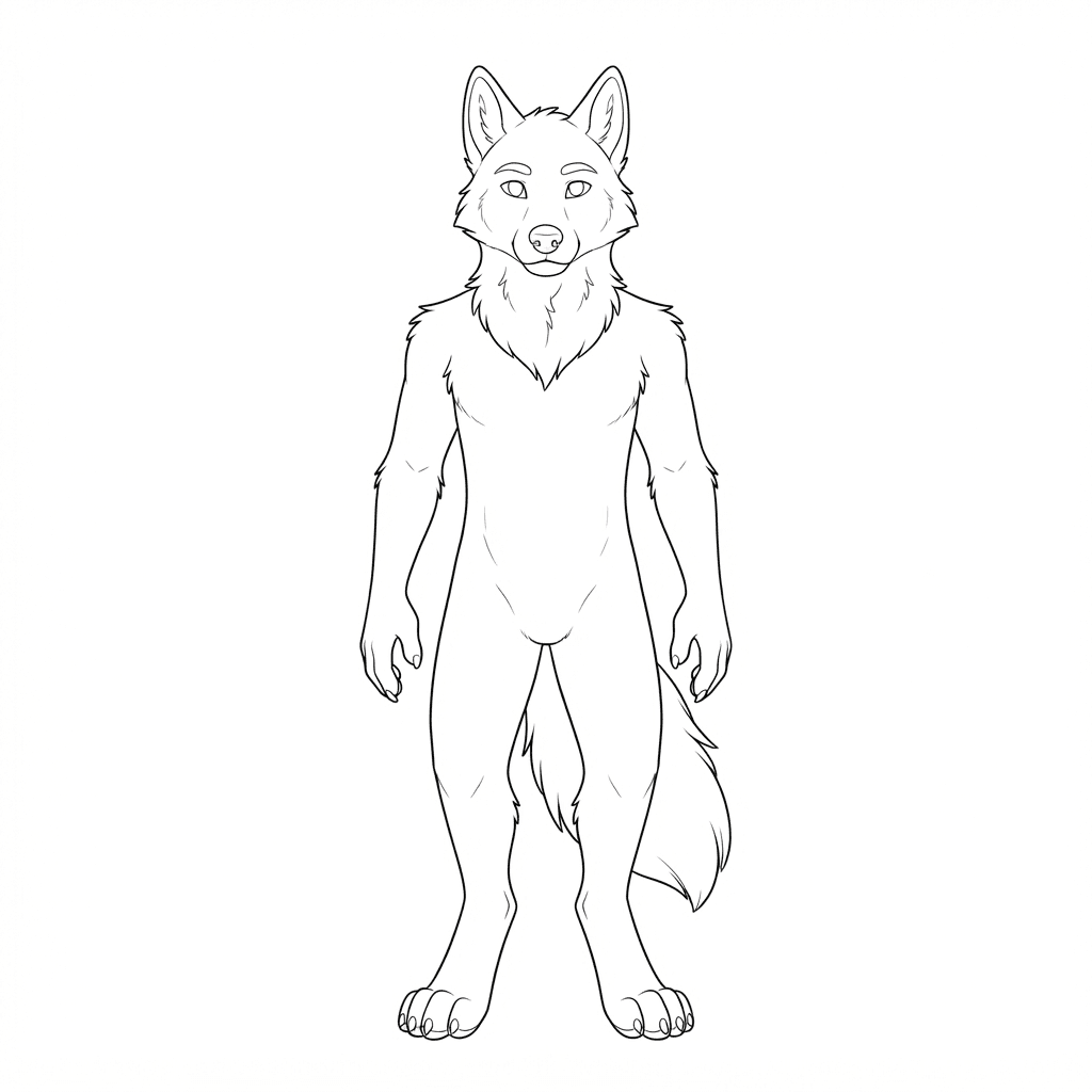 anthro furry OC base, blank wolf character lineart template in standing pose, clean line art ready to color in