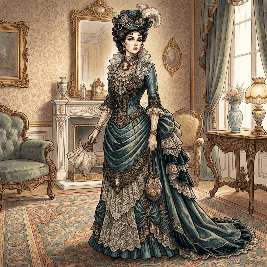 victorian era fashion, high lace collar, corseted bustle gown, lace gloves, cameo brooch, styled with statement accessories, fashion illustration, full body