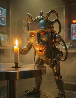 in a candlelit cyber‑punk chamber bathed in warm golden light and soft shadows, robomonster crouches at the edge of a sleek metallic table, extending the newly lit candle forward with a precise, graceful motion. the flickering flame casts delicate highlights on its polished chassis, while ambient haze swirls around the rim‑lit silhouette, emphasizing the tender, blissful atmosphere of the intimate eye‑level close‑up. this subtle offering captures the quiet anticipation of a shared moment in the softly glowing, futuristic space.