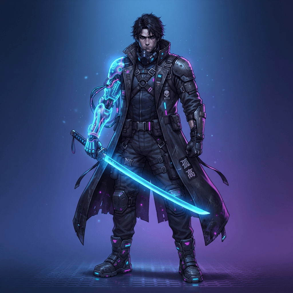 original character design, brooding cyberpunk swordsman with a neon-lit prosthetic arm and long dark coat, futuristic streetwear details, clean soft gradient studio background, vibrant, crisp high detail, digital illustration