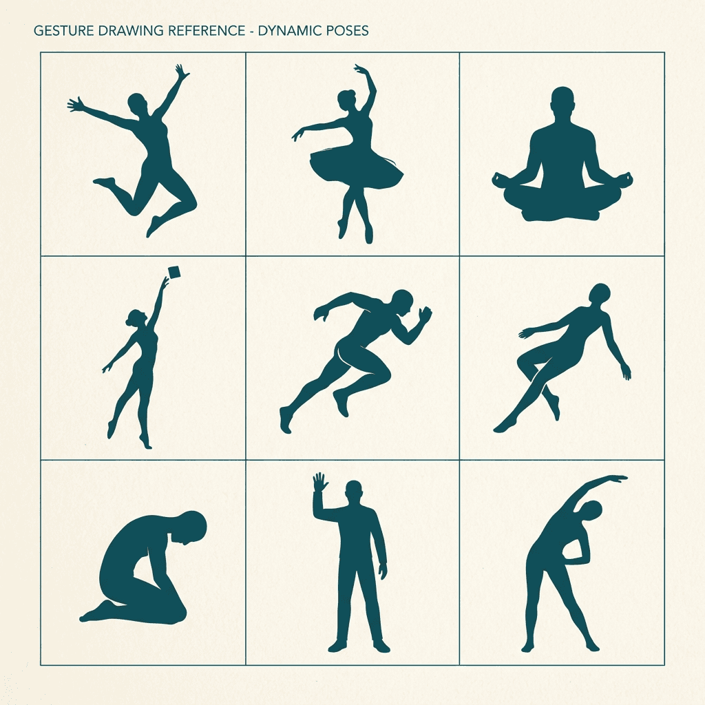 gesture drawing pose sheet, dynamic figure silhouettes in solid dark teal, nine varied poses in a grid - leaping, dancing, sitting, reaching, sprinting, floating, kneeling, waving, stretching - artist pose idea reference