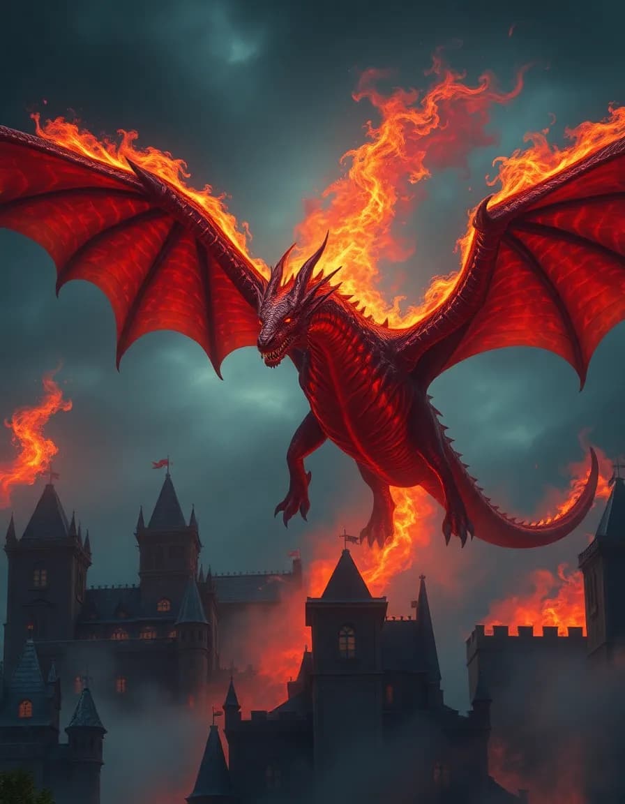 A massive fire-breathing dragon flying above medieval castles, wings spread wide, flames lighting up the night sky, epic fantasy style, ultra realistic,
