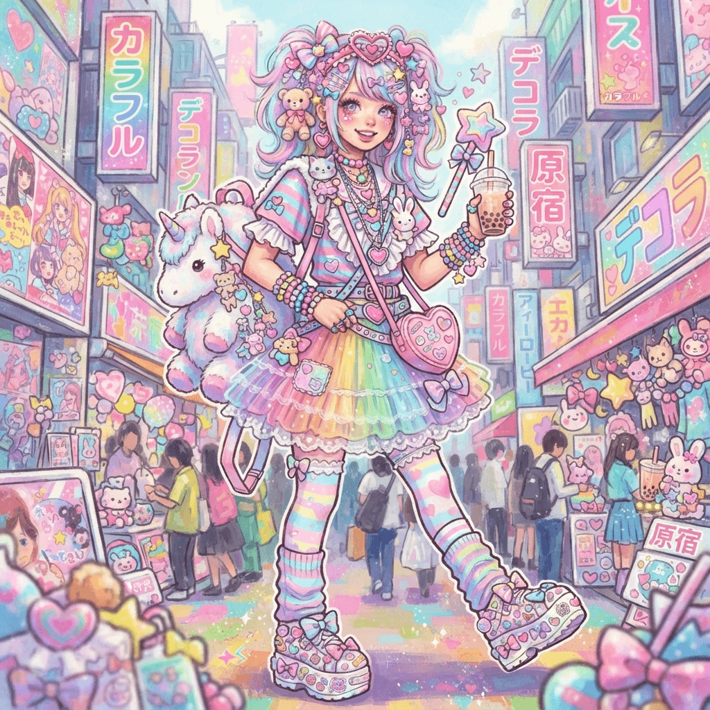 kawaii fashion, pastel decora layers, plush accessories, heart motifs, candy colors, styled with statement accessories, fashion illustration, full body