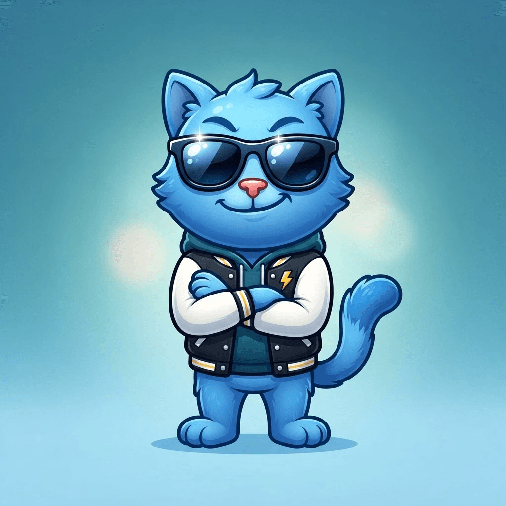 cool emoji cat character, blue cartoon cat with a glossy sunglasses emoji face, confident smirk, arms crossed, clean soft gradient studio background, vibrant, crisp high detail, digital illustration