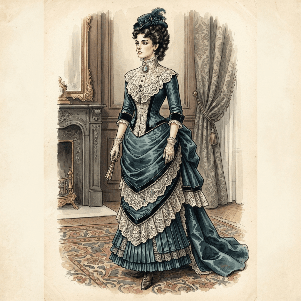 victorian era fashion, high lace collar, corseted bustle gown, lace gloves, cameo brooch, full length gown look, fashion illustration, full body