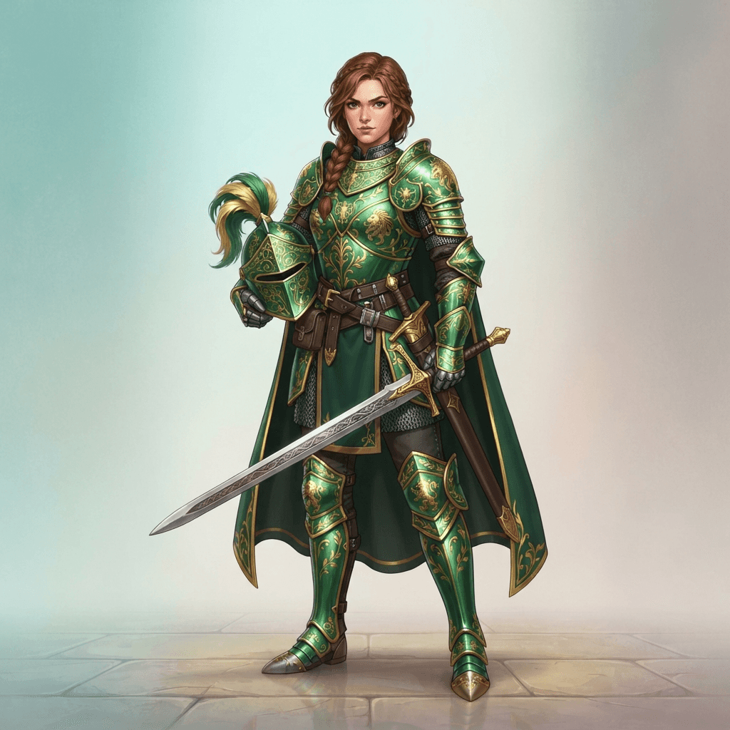 an original knight character, a young woman in green enameled armor with gold trim holding a longsword, full body original character design, clean soft gradient studio background, vibrant, crisp high detail, digital illustration, no text, no words, no watermark