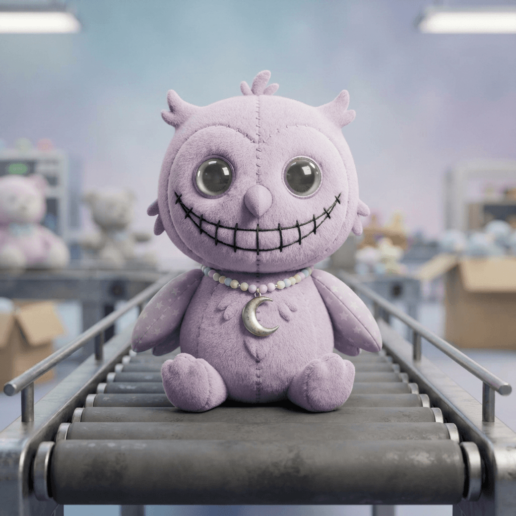 plush toy owl mascot character with a huge stitched grin and round glassy eyes, pastel lavender feathers, bead necklace with a moon charm, soft toy render, slightly creepy, toy factory conveyor belt backdrop