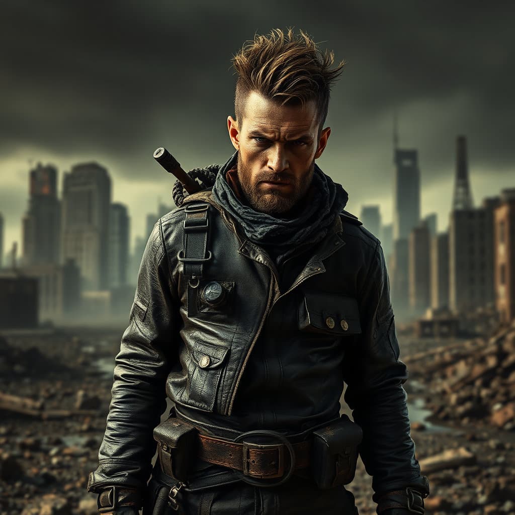 Post-apocalyptic survivor, rugged leather outfit, dystopian city ruins, gritty texture, dramatic shadows, survival gear, --ar 16:9 --q 2 --s 180