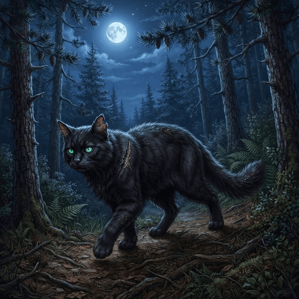 a black warrior cat with a torn ear and glowing green eyes prowling under moonlit pine trees, battle scar across shoulder, semi-realistic painterly style, cool blue night light, crisp high detail, digital illustration