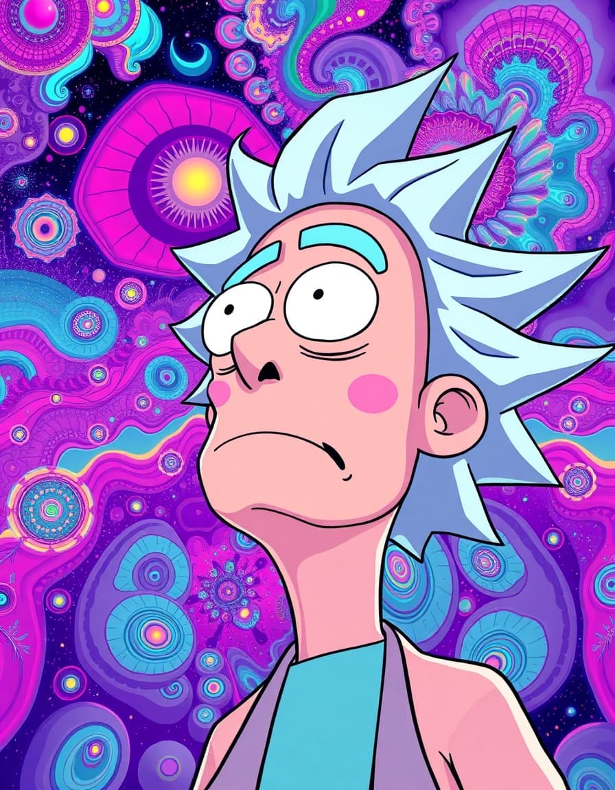 an ultra psychedelic rick gazing up with smooth, bold outlines, trippy dream logic visuals, and extreme color saturation in a rick and morty cartoon style, as fractal patterns with infinite complexity and harmony repeat at various scales, echoing across a dreamy, 4k detailed illustration, blending rick and morty's surreal animated sci-fi fantasy with vaporwave and lsd-inspired art.