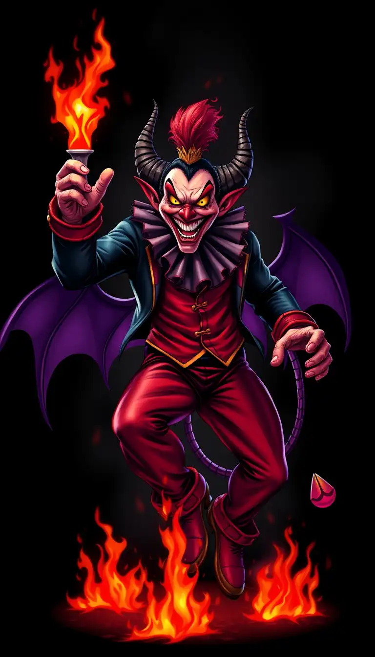 Blitzo de Helluva Boss, démon clown exubérant rouge et noir, cornes courbées, yeux jaunes brillants, sourire malicieux, costume noir et rouge ajusté avec cravate écarlate, pose dynamique sautant vers l’avant, arrière-plan infernal chaotique avec flammes violettes et rouges, nuages de