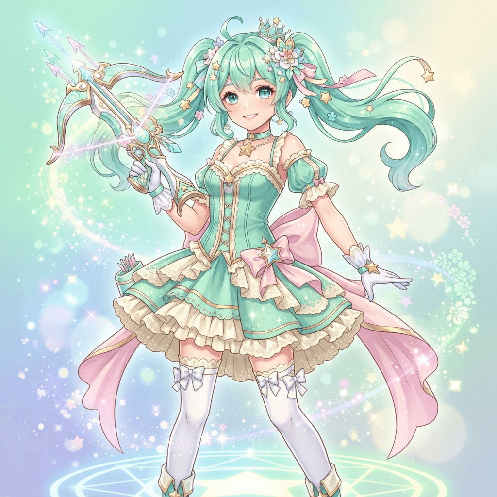 original character: a magical girl in a mint green corset dress with a giant ribbon bow and a crossbow, hopeful smile, bittersweet pastel magical girl anime illustration, clean soft gradient studio background, vibrant, crisp high detail, digital illustration