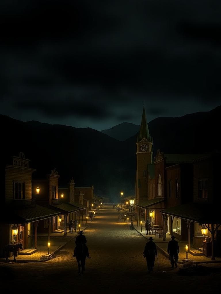 A deserted 1880s mining town is bathed in an eerie, underglow light. Flickering candles and lanterns cast an unnatural glow from the ground up, making the buildings and mine appear ominous. The main street is dimly lit, with long shadows stretching upwards from the saloon and store. A church steeple looms, its edges harshly defined by the stark lighting. Horses wait nervously, their eyes sunken in the dark, and a few people are seen in the distorted shadows. The hills and mountains in the background are shrouded in darkness, their peaks hidden in an inky blackness. The sky above is a deep, foreboding gray, with an faint, otherworldly glow emanating from the ground, casting an unsettling ambiance.