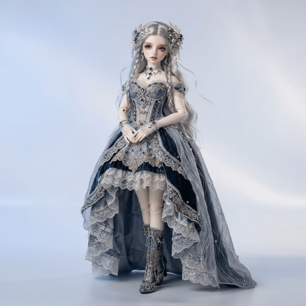 a ball jointed doll with long silver hair and an ornate fantasy outfit, product photo, clean soft gradient studio background, soft studio lighting, crisp high detail