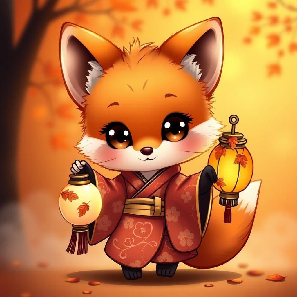 A whimsical, anthropomorphic chibi fox with large, shining brown eyes, a tiny nose, and fluffy orange fur donning a vibrant, intricately designed traditional Japanese kimono with golden accents and subtle cherry blossom patterns, holding a delicate, glowing lantern adorned with autumn leaves in its right hand, set against a warm, gradient background with hues of burnt orange, golden yellow, and crimson red, evoking the cozy atmosphere of an autumn evening, with subtle hints of mist and fog in the air.