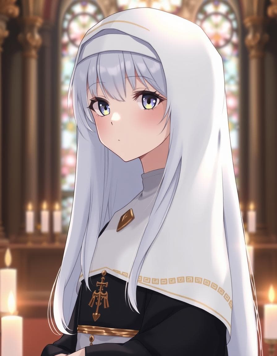 A serene anime girl nun, with an unmistakable air of quiet devotion, stands poised, her delicate facial features and expressive eyes a picture of gentle dedication, her hair a brilliant, snowy white, styled in a neat and modest manner, befitting her sacred vows, the white hair cascading down her back like a river of frost, with hints of subtle, creamy undertones that catch the light, as she wears a traditional nun's habit, complete with a crisp, white coif and a flowing black robe, adorned with intricate, golden accents that reflect the soft glow of nearby candles, the overall atmosphere one of peaceful reverence, with the anime girl nun's elegant, white-haired presence at its very heart.