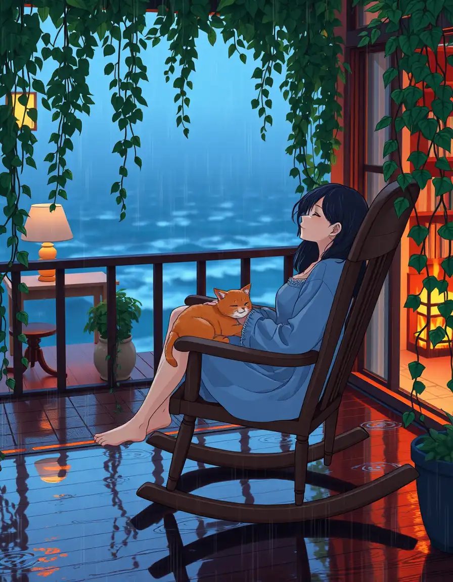 A dreamy anime-style scene of a peaceful woman sitting on a wooden rocking chair on a cozy balcony overlooking the ocean during rainfall. She is wearing soft blue nightwear, eyes closed, relaxed expression, holding a sleeping orange cat in her lap.

The balcony is filled with lush green hanging plants and vines dripping with rainwater. The wooden floor is wet and reflective, glowing with warm light from a fireplace inside the room behind her.

Inside the room: a softly lit cozy interior with a burning fireplace, bookshelves, warm ambient lighting. Outside: a misty blue ocean view with rain falling steadily and waves moving gently.

Raindrops fall from leaves, water droplets drip slowly, subtle wind moves her hair softly. The scene has a calm, peaceful, healing vibe.

Lighting: warm orange indoor light + cool blue rainy outdoor contrast
Mood: cozy, peaceful, rainy night, healing, aesthetic
Style: anime, Studio Ghibli inspired, soft glow, cinematic

Camera: slow push-in shot, slight handheld motion, depth of field
Motion: rain falling, leaves swaying, hair moving, water reflections shimmering

Quality: ultra detailed, 4K, cinematic lighting
Aspect ratio: 9:16 vertical