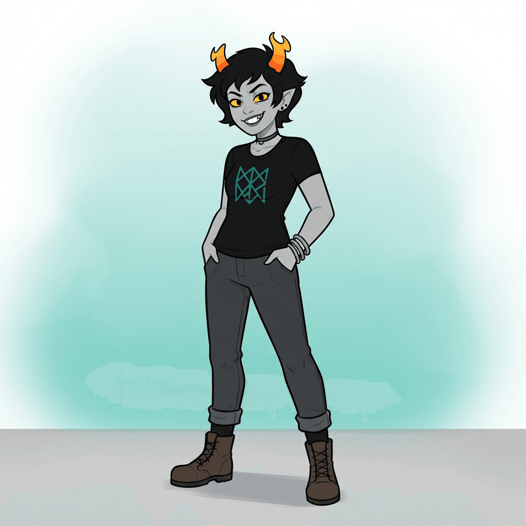 Original fantroll character, gray skin, candy-corn horns, teal rune symbol shirt, bold flat webcomic style