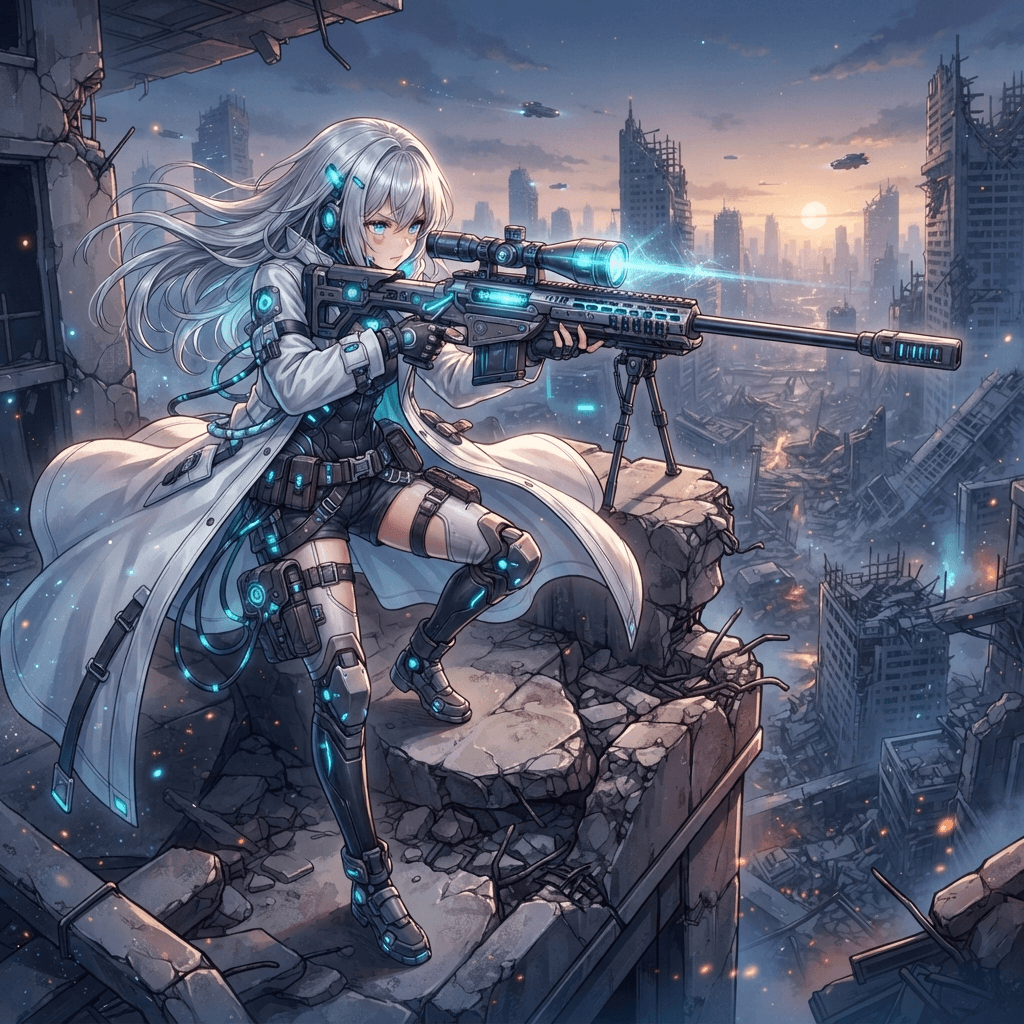 silver-haired anime android sniper in a long white coat, futuristic scoped rifle, ruined sci-fi city backdrop, gacha art style, vibrant, crisp high detail