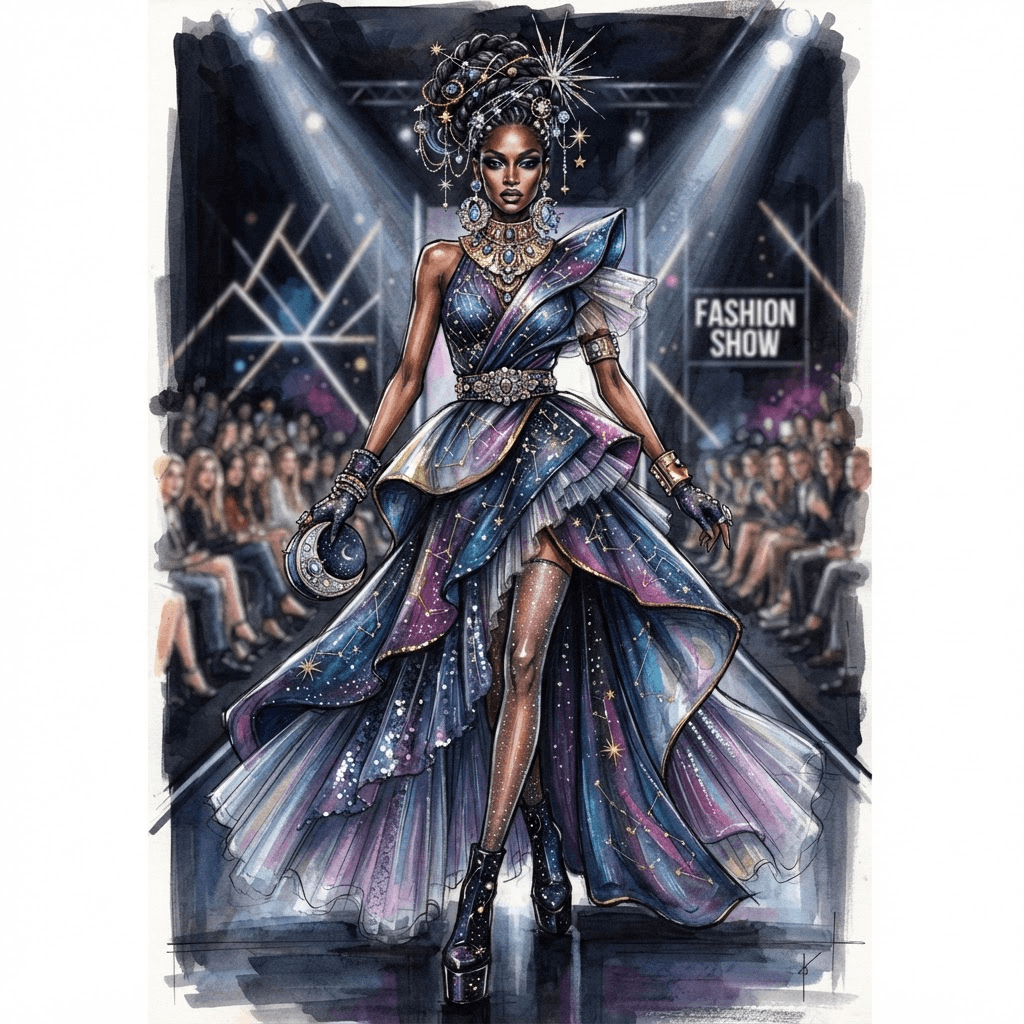 a themed fashion runway look, full outfit with hair and accessories, styled with statement accessories, fashion illustration, full body