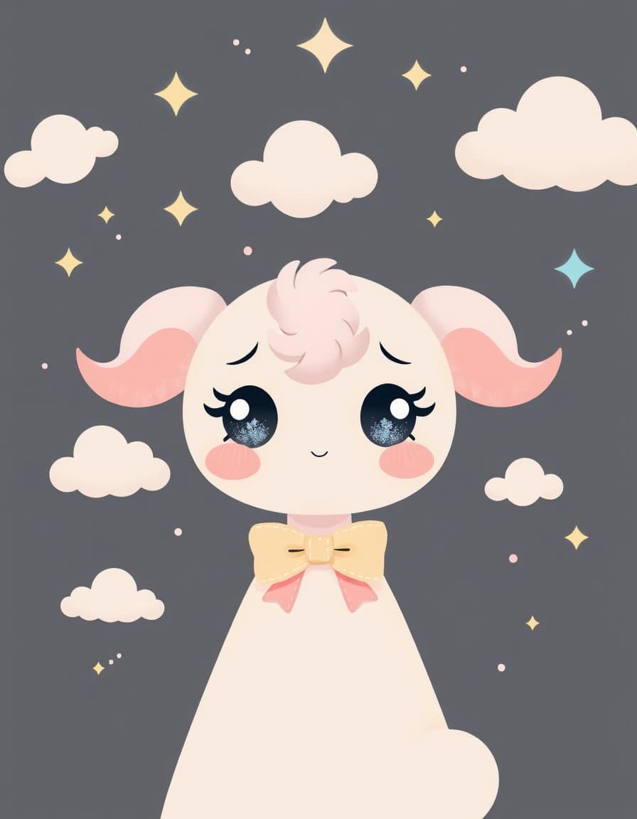 portrait of a whimsical character in a dark gray cosmic sky, cute kawaii style with soft pinks, baby blues, gentle yellows, large sparkling eyes, rounded shapes, pastel clouds, oversized bows, playful charm, gentle glow, minimal detail, dreamy landscape, soft pastel palette, kawaii charm, pastel cute kawaii art, soft pinks, baby blues, gentle yellows, pastel cute kawaii art, pastel cute kawaii art.