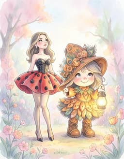Watercolor Vogue: a stylized composition featuring Ladybug‑fa and Pumpkin Witch rendered in delicate ink outlines and soft watercolor washes. Both characters stand side‑by‑side in a pastel‑toned garden, their silhouettes softened by blurred textures. Ladybug‑fa gazes upward with a serene expression, while Pumpkin Witch holds a gently glowing lantern, casting warm light on the surrounding foliage. The scene is bathed in pastel colors, with light, airy brushstrokes that blend the figures into the dreamy backdrop.