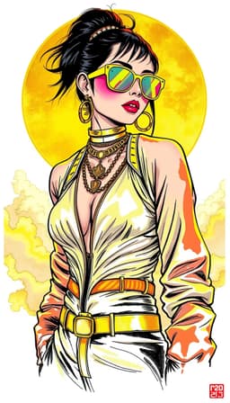 woman in futuristic cyberpunk y2k fashion with gold jewelry and metallic accents, rendered in kano school style bold ink brushwork and thick calligraphic outlines, against a gold‑leaf background and expansive sky with airy clouds, low horizon framing; highlighter bright neon palette of fluorescent yellow, hot pink, electric green, and bright orange over white, loud flat graphic colors; highlighter bright neon palette of fluorescent yellow, hot pink, electric green, and bright orange over white.