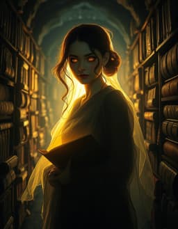 create a dungeon crawler carl character as a ghost whimsical librarian women, illuminated by a cinematic lens flare that highlights her spectral form and the stacks of enchanted books around her. the flare casts a warm, golden rim on her translucent silhouette, creating a dramatic, dreamlike atmosphere in the dim corridor. her ethereal eyes glint with ancient knowledge, while the flickering glow dances across the spines of floating tomes, adding depth and cinematic flair. the scene feels both haunting and inviting, showcasing a unique blend of ghostly charm and library mystique.
