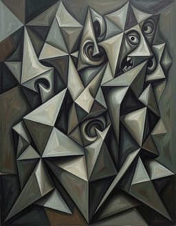 cubist rendition of nematic structures, rendered with picasso technique, featuring fragmented geometric planes and interlocking facets that dominate the composition. the forms are twisted and unsettling, expressed in muted tones and subtle shadowy gradients, creating a haunting atmosphere through distorted, distorted textures and eerie, distorted realism.