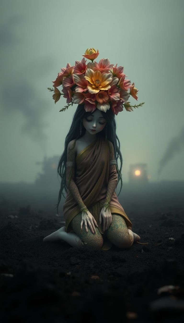 🎨 Prompt Style:
Emotional CGI-style female tree spirit with blooming head of flowers, leaf-based sari, kneeling on black soil, sary flowereindustrial background, tree-cutting machines far behind, foggy emotional lighting.
