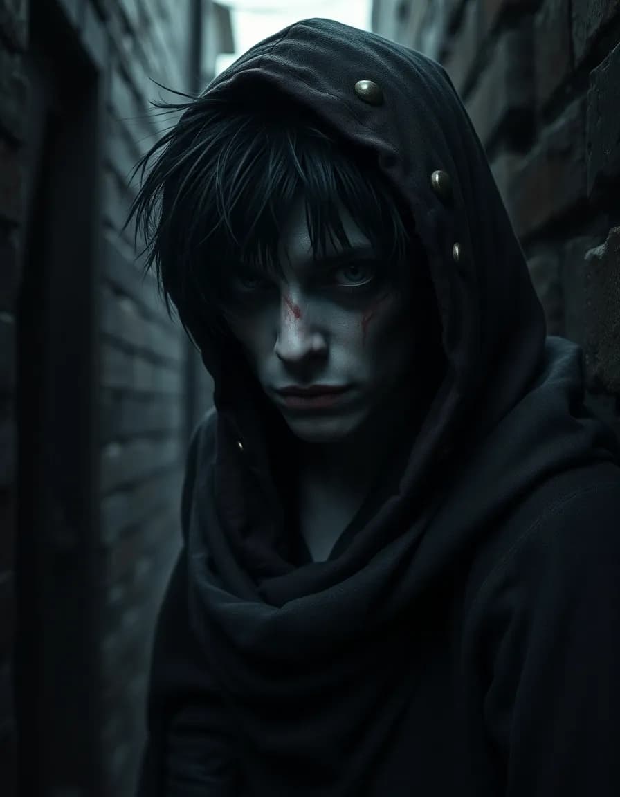 dark fantasy character portrait, a skinny human rogue in a tattered hooded cloak, lurking in a dark alley, unkempt black hair, broken nose, bruised face, pale scarred skin, gritty, cinematic, moody lighting