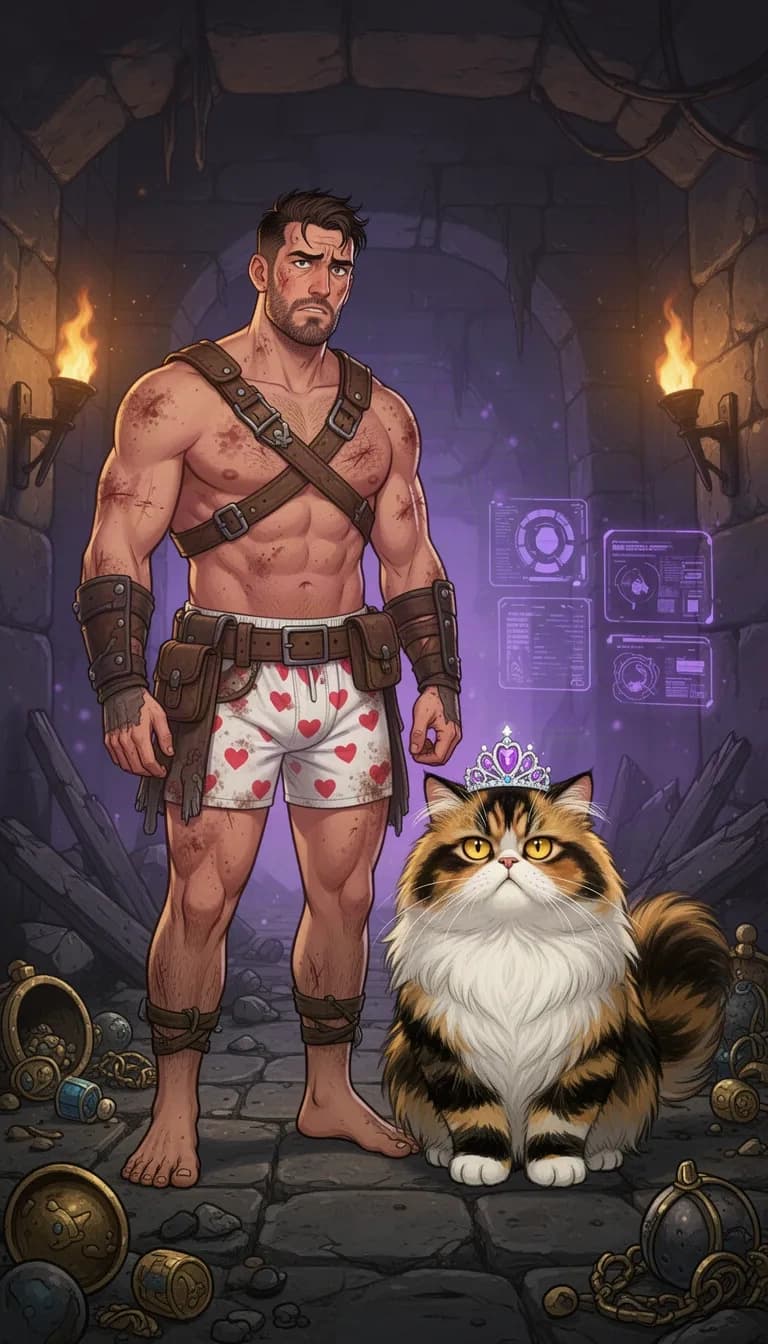 Carl and Princess Donut from Dungeon Crawler Carl, shown together as the main subjects. Carl is a tall, very muscular adult man with short dark hair, light stubble, and a rugged modern-looking face, not a barbarian or caveman. He looks battle-worn, tired, and slightly irritated, with dirt, scratches, and minor bruises from surviving the dungeon. He is wearing his iconic white heart-pattern boxer shorts and improvised dungeon gear like straps, pouches, and scavenged equipment, but he is barefoot and not wearing any shoes. Princess Donut is a fluffy tortoiseshell Persian show cat with a flat Persian face, long luxurious fur, bright expressive eyes, and a tiny jeweled tiara. She should look regal, dramatic, judgmental, and slightly offended, posed proudly beside Carl. Place them in a Dungeon Crawler Carl-style environment with rough stone, scattered loot, broken debris, warm torchlight, and a faint purple-blue System glow. The overall vibe should be darkly funny, dangerous, and cinematic, showing their chaotic but iconic duo energy. Detailed digital illustration, no text, vertical 9:16.