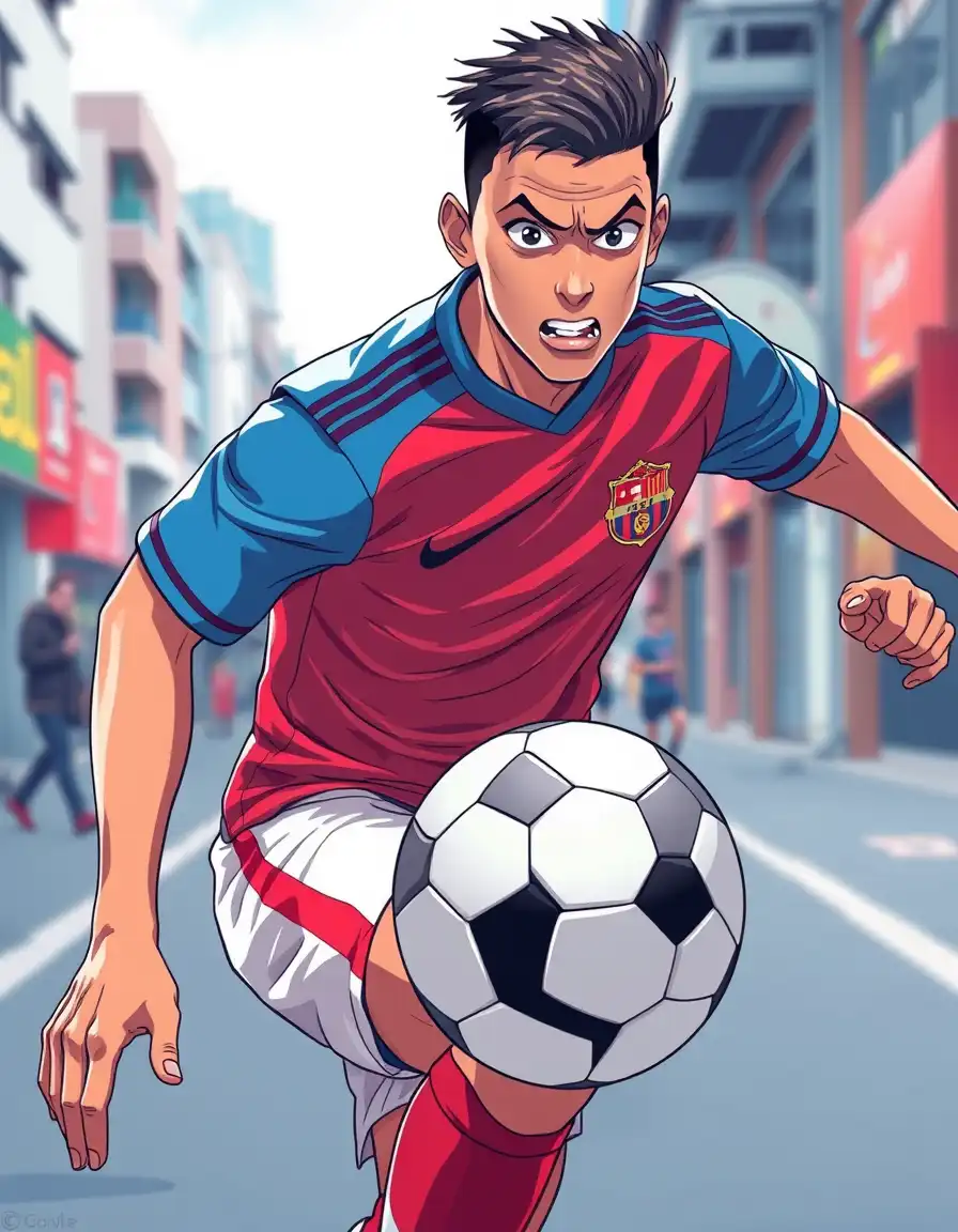 a soccer player who just goes to make a dribble.

a soccer player in a dynamic pose. the style is anime cel shading with a high-energy color palette of bright blues and reds. the background is a blurred city street with a focus on the player. his face is contorted in concentration and his eyes are large and expressive. he is wearing a clean sports jersey.