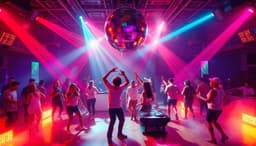 1990s nightclub dance floor, packed with young adults jumping and dancing under a mirrored disco ball, vivid red, purple and electric blue beams slicing smoky air, early‑1990s clothing and a dj at vintage turntables, captured from a slightly elevated angle in cinematic wide‑shot vhs texture. in the same scene, a massive xy robotic membrane‑swap system dominates a desert‑farm backdrop near riyadh, rendered in synthwave outrun palette of hot magenta, electric cyan, deep purple and sunset orange against midnight blue; chrome‑reflective titanium‑grade‑5 frame, neon‑lit angular typography, laser lines, lens flare accents, solar‑battery panels and polymer/ceramic membrane disks on titanium‑duplex carriers, full xy gantry picker with dual stepper motors and servo jaw‑vacuum gripper. no modern equipment, no text, no logos.