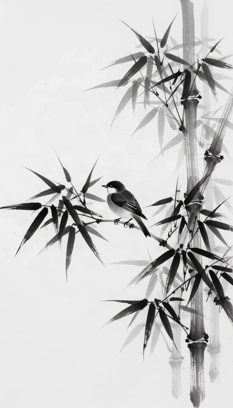 japanese ink wash painting, black ink brush strokes on a white background, with a minimal zen aesthetic. a single small bird is perched delicately on a bamboo branch, emphasizing negative space and a single subject focus.