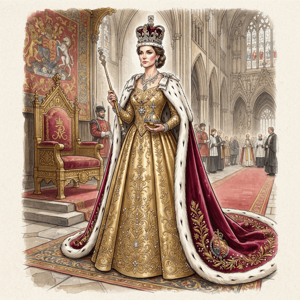 coronation fashion, royal ermine trimmed robe, jeweled crown, regal gold gown, styled with statement accessories, fashion illustration, full body