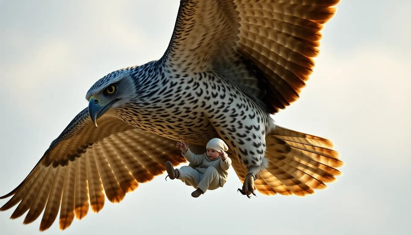 a majestic, realistic, live-action image of a colossal, awe-inspiring bird, such as an eagle or owl, is shown in mid-air, captured as it seizes and carries a tiny, frightened child snugly but firmly in its sharp, hooked talons. the bird's sleek, three-dimensional, 3d-style text is emblazoned across its feathers, standing out in stark contrast to its mottled, sun-weathered plumage. its wings are outstretched, creating a sense of movement and air resistance, as the bird gains momentum on its flight.