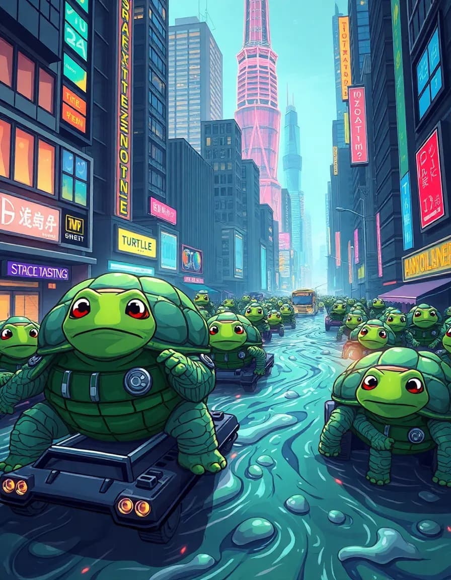 future city, cartoon style.
human-like art, slightly imperfect.
**turtles everywhere!** giant turtle sky-scrapers. turtle cars. turtle people riding giant turtle buses. turtle drones. shiny turtle shells reflect the neon lights. the streets are rivers of turtle slime. expressive, anxious turtle faces. buildings are built of turtle shells. the whole world is turtle. the mood? chaotic, but fun.
