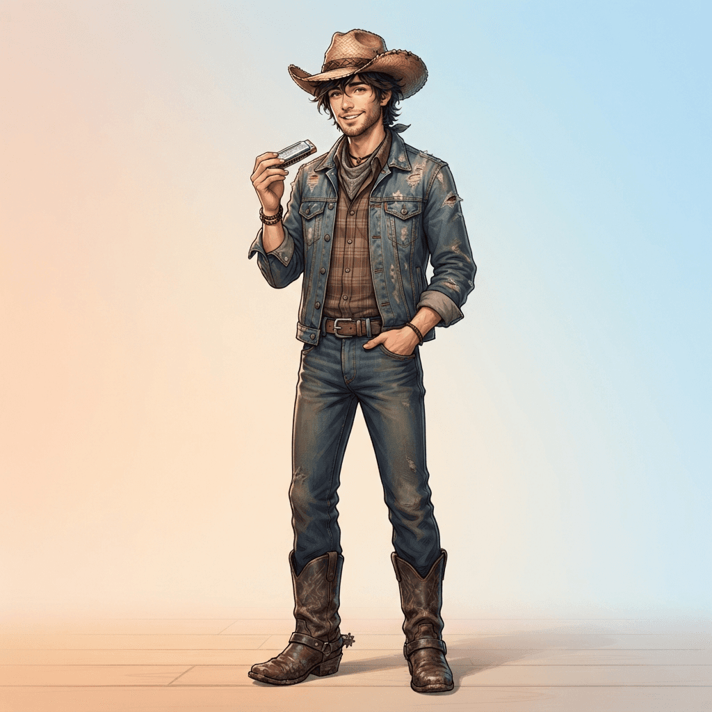 original character design of a lean young cowboy with a denim jacket, straw hat, harmonica in hand, worn boots, full body standing pose, clean soft gradient studio background, vibrant, crisp high detail, digital illustration, no text, no words, no watermark