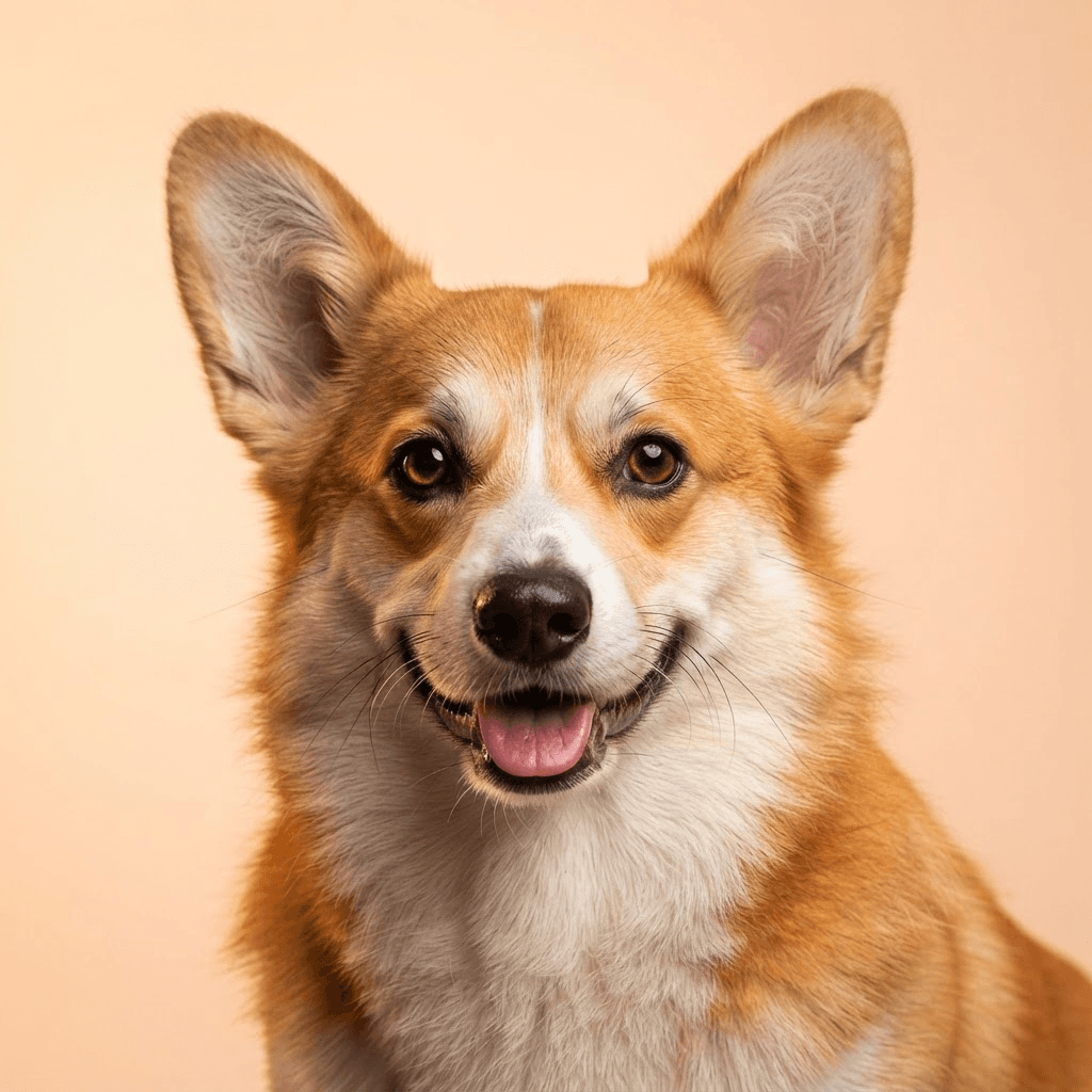 photorealistic close-up portrait of a smiling corgi dog, warm studio lighting, soft peach gradient background, crisp fur detail